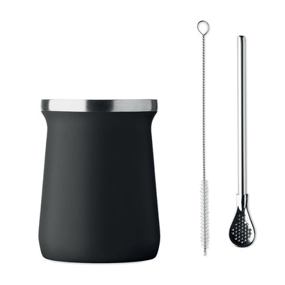 Vista frontal del vaso negro con bombilla