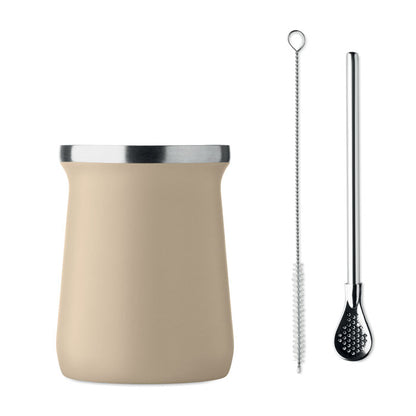 Vista frontal del vaso beige con bombilla