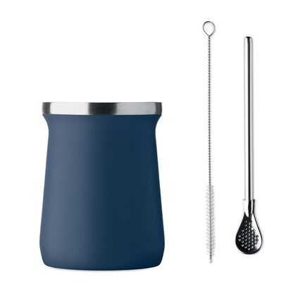 Vista frontal del vaso azul con bombilla