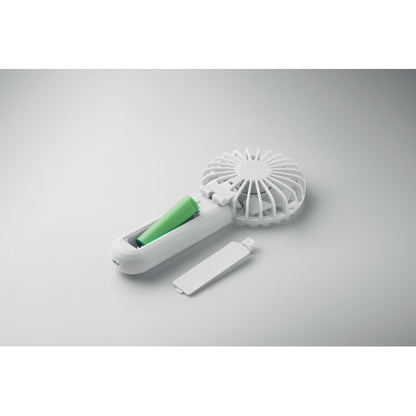 Ventilador blanco plegado con batería visible