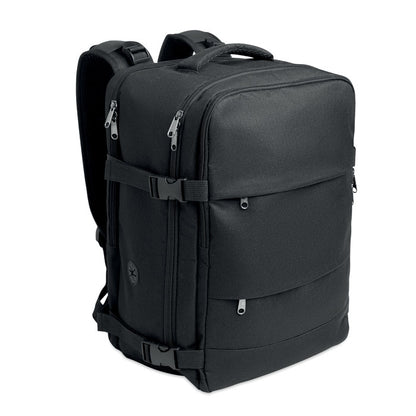 Mochila negra de cabina expandible vista en ángulo
