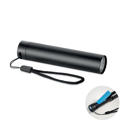 Linterna recargable de aluminio negro con correa