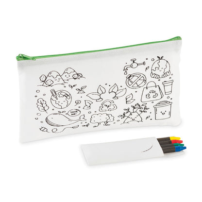 Estuche infantil blanco con dibujos para colorear y cremallera verde