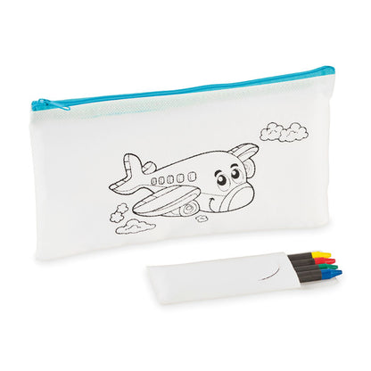 Estuche infantil con cremallera azul y dibujos para colorear