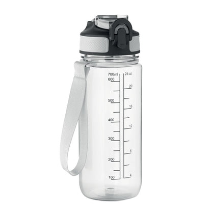 Botella deportiva transparente con tapa abatible negra y correa