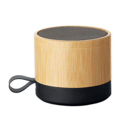 Altavoz de bambú con base negra vista frontal