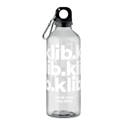 Botella RPET transparente con texto blanco impreso