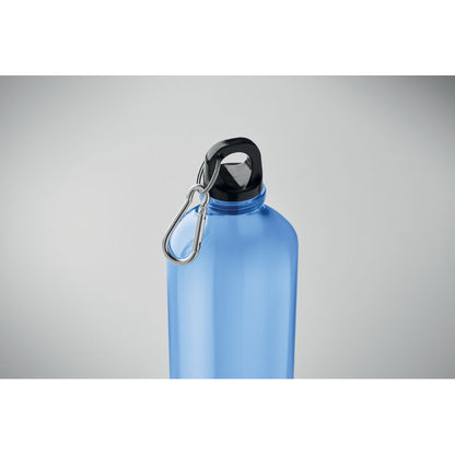 Botella RPET azul translúcida con mosquetón, vista lateral