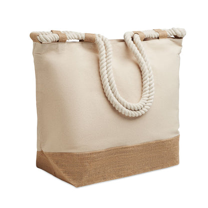 Bolsa de playa de lona beige con asas de cuerda