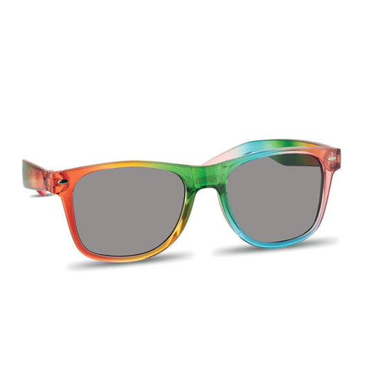 Diseño colorido de gafas de sol con protección UV400 y montura en tonos arco iris, vista lateral.