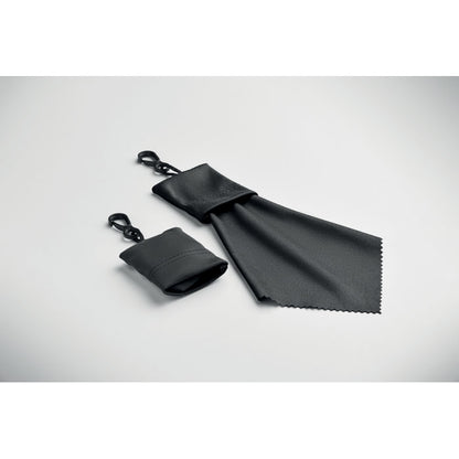 Paño de limpieza RPET negro con funda y gancho desmontado