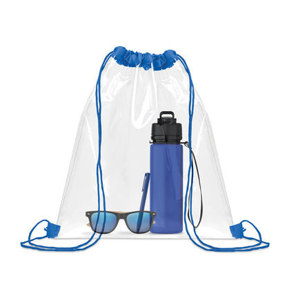 Bolsa transparente azul con botella en el interior