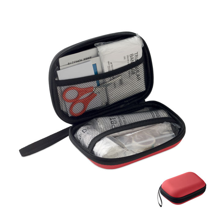 CARETWO - Botiquín de primeros auxilios en estuche rígido rojo, incluye guantes, vendas y tijera.