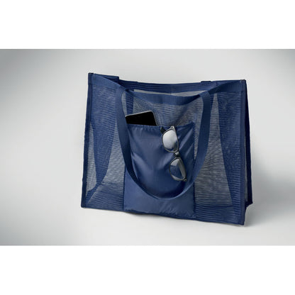 Bolsa de malla RPET azul vista en ángulo