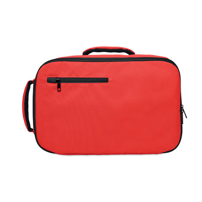 Mochila tamaño cabina roja vista lateral con bolsillo exterior