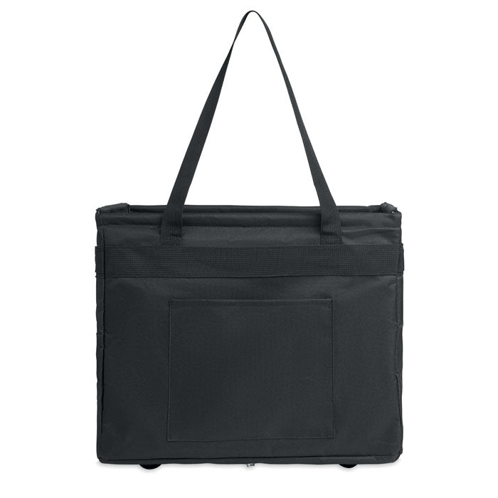 FORM - Organizador RPET plegable en color negro, diseñado como organizador multifuncional con asas y bolsillo frontal.