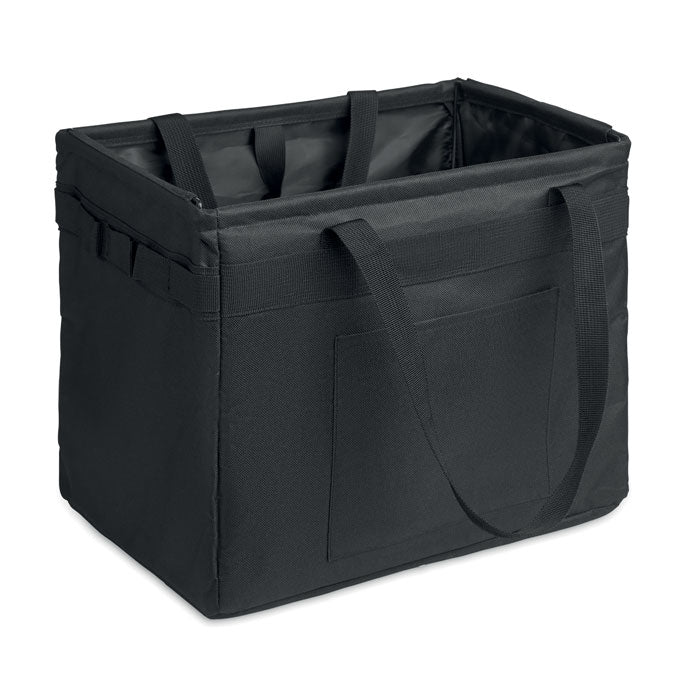FORM - Organizador RPET plegable negro con asas y bolsillo frontal para compras y almacenamiento.