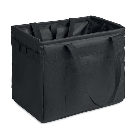 FORM - Organizador RPET plegable negro con asas y bolsillo frontal para compras y almacenamiento.