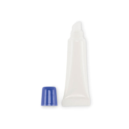 Tubo de bálsamo labial con tapón azul desmontado