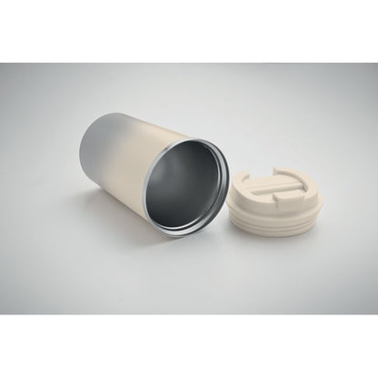 Vaso rosa con base metálica vista lateral