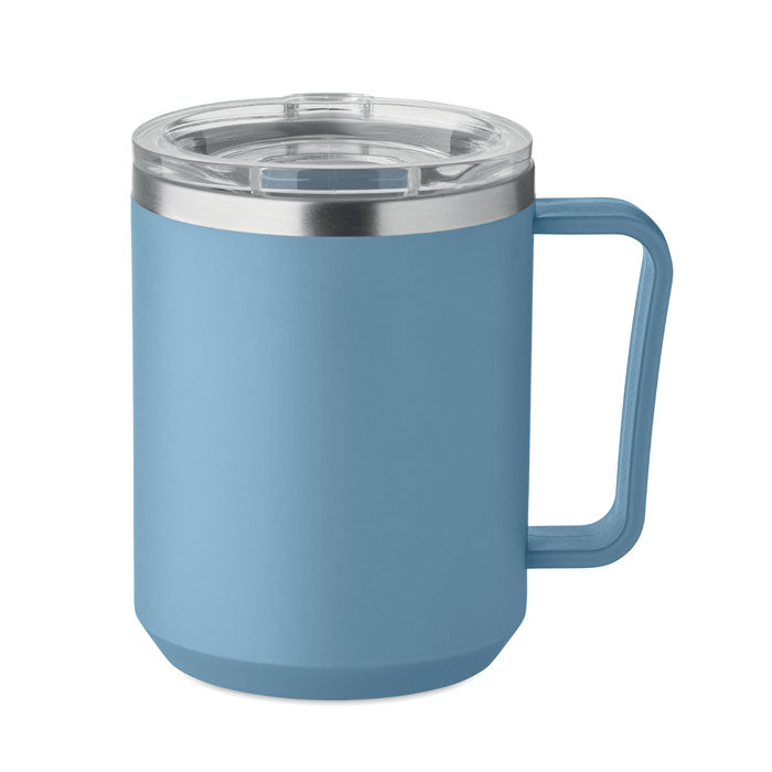 Vista lateral de taza térmica en color petróleo con asa, acero y tapa transparente: COCOA - Vaso de doble pared 400 ml.