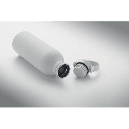 Botella de acero reciclado blanca tumbada con tapa