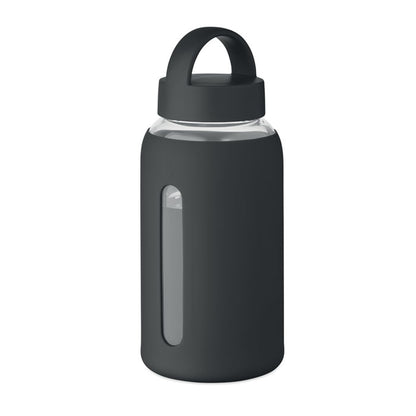 Botella de borosilicato negra con funda de silicona vista frontal