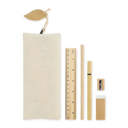 Set de escritura con bolsa de yute, regla de madera, lápiz y bolígrafo