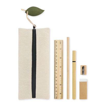 Set de escritura ecológico con bolsa de yute y algodón y accesorios de madera