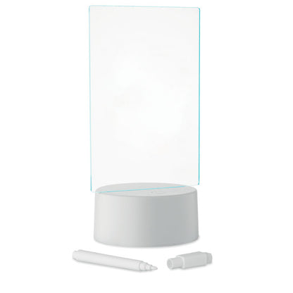 Pizarra LED luminosa acrílica con base blanca encendida