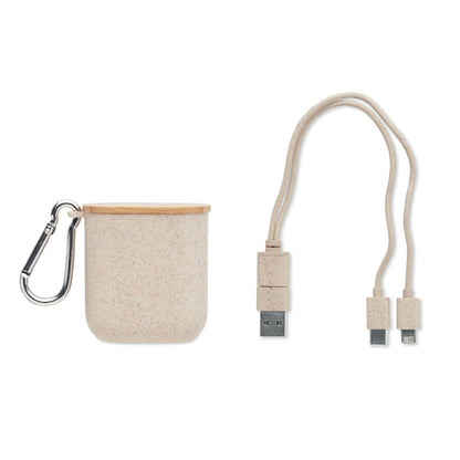Estuche beige con mosquetón metálico vista frontal
