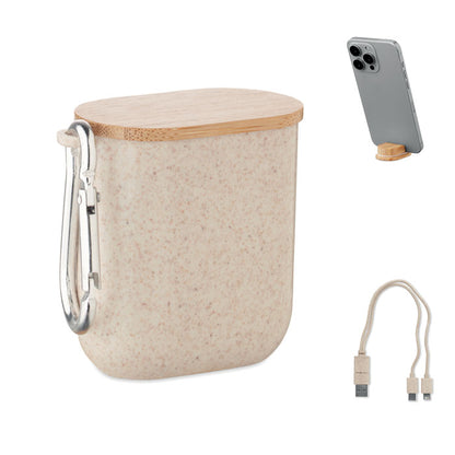 Set de cables en estuche de paja de trigo con tapa de bambú