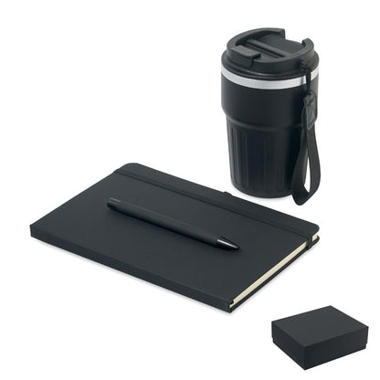 Set de regalo con cuaderno A5, bolígrafo y vaso térmico negro