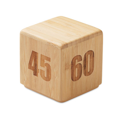 Cubo temporizador de bambú mostrando caras con 45 y 60 minutos