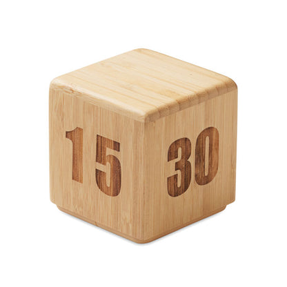 Reloj temporizador de bambú en forma de cubo con números grabados