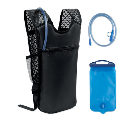 Mochila deportiva negra con chaleco de malla y bolsa de hidratación