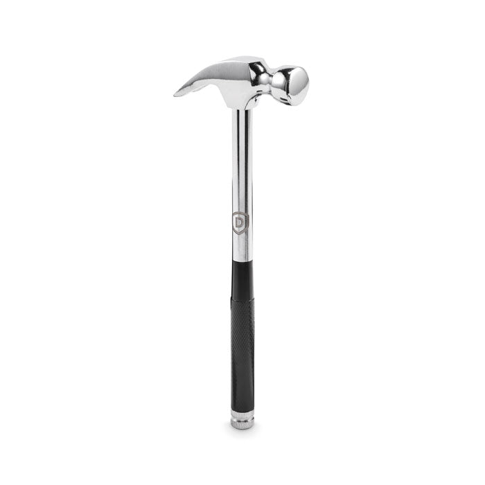 Martillo de acero con acabado brillante, mango negro y detalle de diseño ergonómico para un mejor agarre.