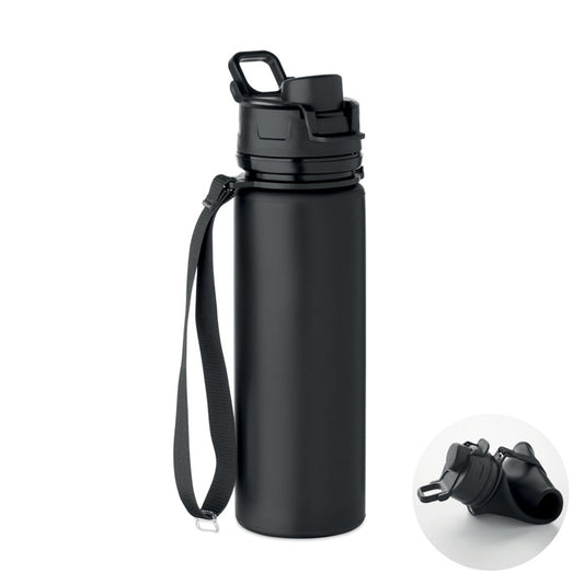 Botella deportiva de silicona plegable en color negro con tapa a prueba de fugas y correa para llevar.