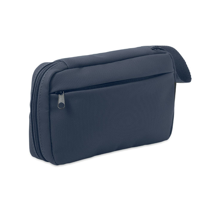 Vista lateral de neceser en color French Marino, fabricado en RPET 600D con cremallera. Ideal para organización de accesorios.