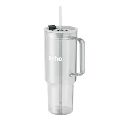 Vaso RPET transparente 1200 ml con asa, vista en ángulo