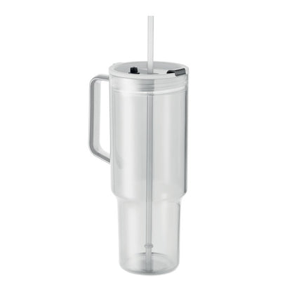 Vaso RPET transparente 1200 ml con asa y tapa con pajita, vista frontal