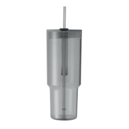 Vaso RPET naranja 1200 ml con asa y pajita, vista frontal
