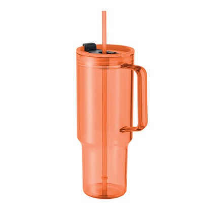 Vaso RPET rosa 1200 ml con asa y pajita, vista frontal