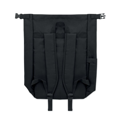 Mochila roll top negra vista trasera con espalda acolchada