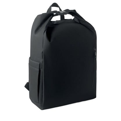 Mochila roll top negra para portátil de 15 pulgadas vista frontal