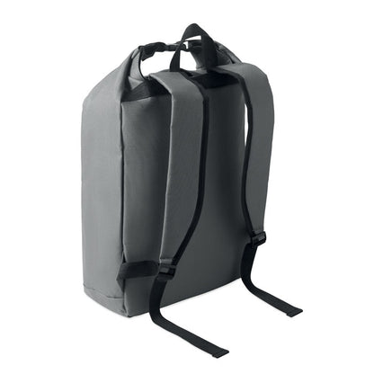 Mochila roll top gris vista lateral izquierda