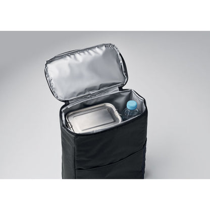 Mochila negra abierta mostrando interior isotérmico
