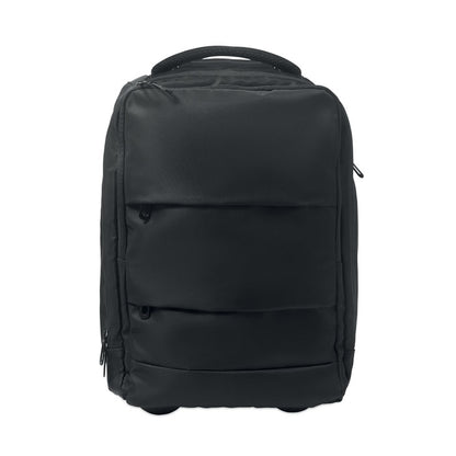 Mochila trolley negra apoyada sobre ruedas