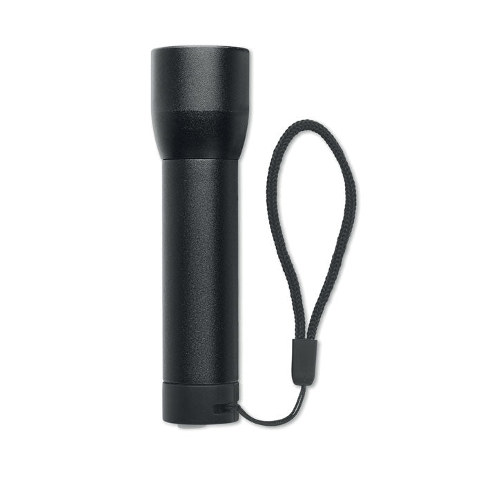 Linterna recargable de aluminio negro con cuerda de sujeción, vista en posición vertical.