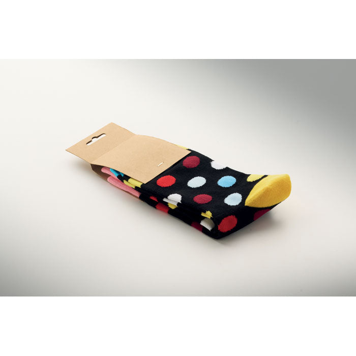 FUNNY M - Calcetines estampados alegres con diseño de lunares de colores y etiqueta kraft